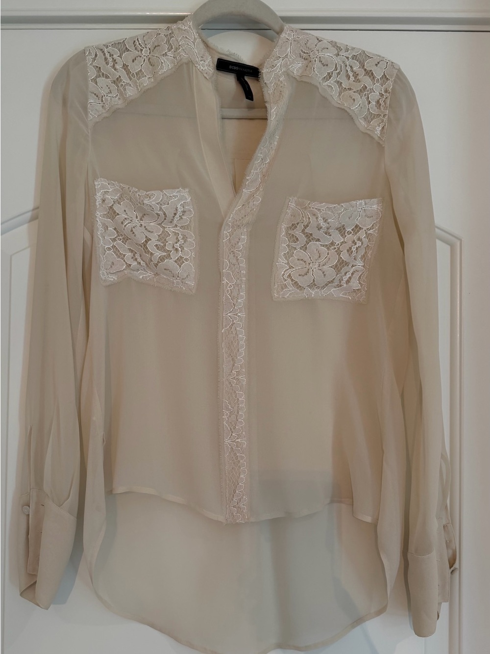 BCBGMaxAzria Sheer Lace-Trim Blouse in Beige-Cream